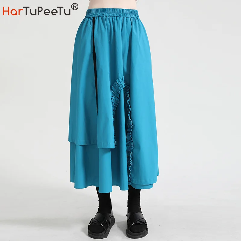 

Women Blue Skirt Midi 2021 Summer Elastic High Waist Front 2 Layers Design Japan Style Solid Streetwear with Pockets