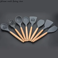 silicone world cooking kitchenware tool silicone utensils with wooden multifunction handle non stick spatula spoon brush