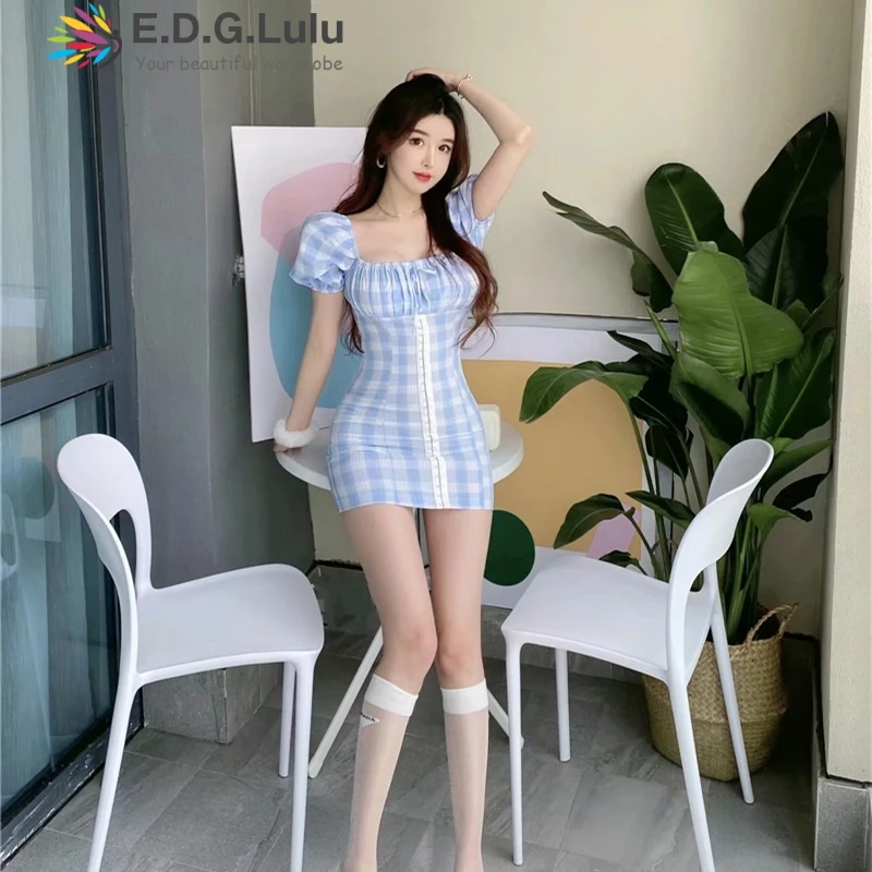 Женское платье в синюю клетку EDGLuLu повседневное элегантное облегающее с