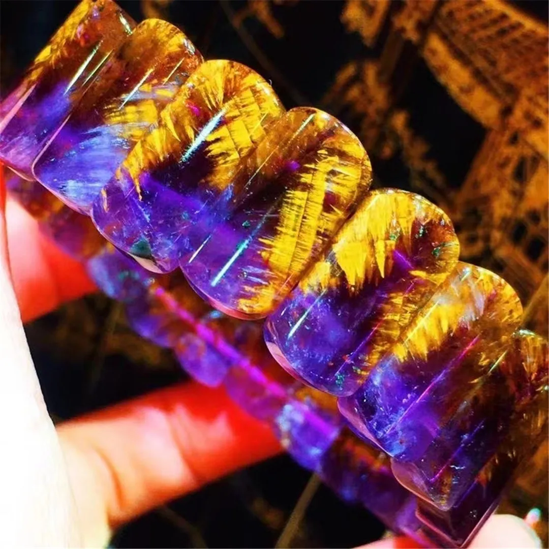 

Natural Purple Gold Rutilated Quartz Bangle Bracelet For Women Men Gift Luck Crystal 18x9mm Beads Reiki Gemstone Jewelry AAAAA