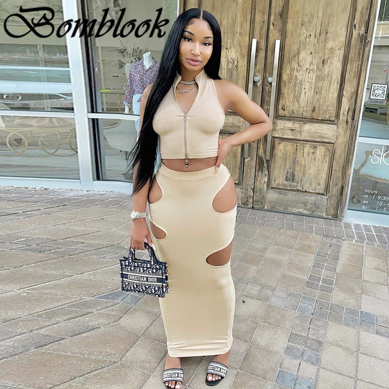 

Bomblook Sexy Party Club Women's Suit Summer 2021 Halter Zipper Crop Top Midi Cut Out Skirt Sets Vetement Femme Streetwears