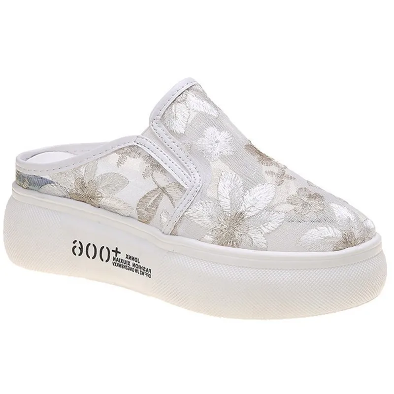 

Shoes Women Fretwork Heels Increased Internal Shallow Lace House Slippers Platform Pantofle Beige Heeled Sandals Soft 2021