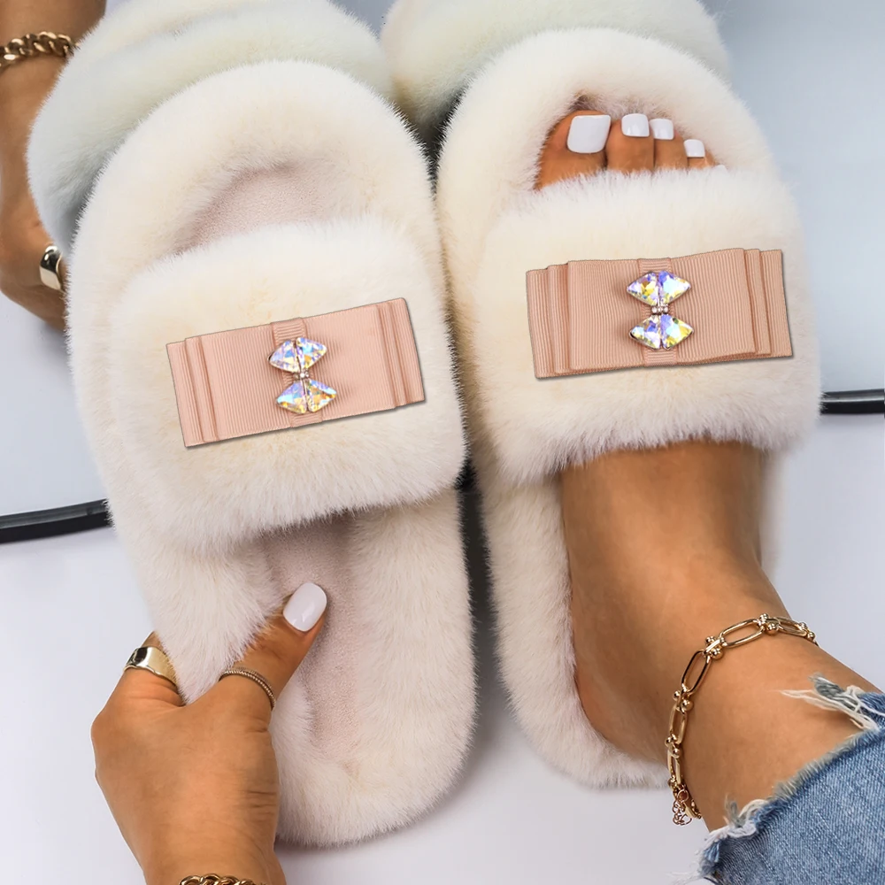 Women Sandals Fuzzy Slides Fashion Bow Decor Fluffy Slippers Luxury Brand High Quality Female Outdoor Casual Shoes Furry Slipper