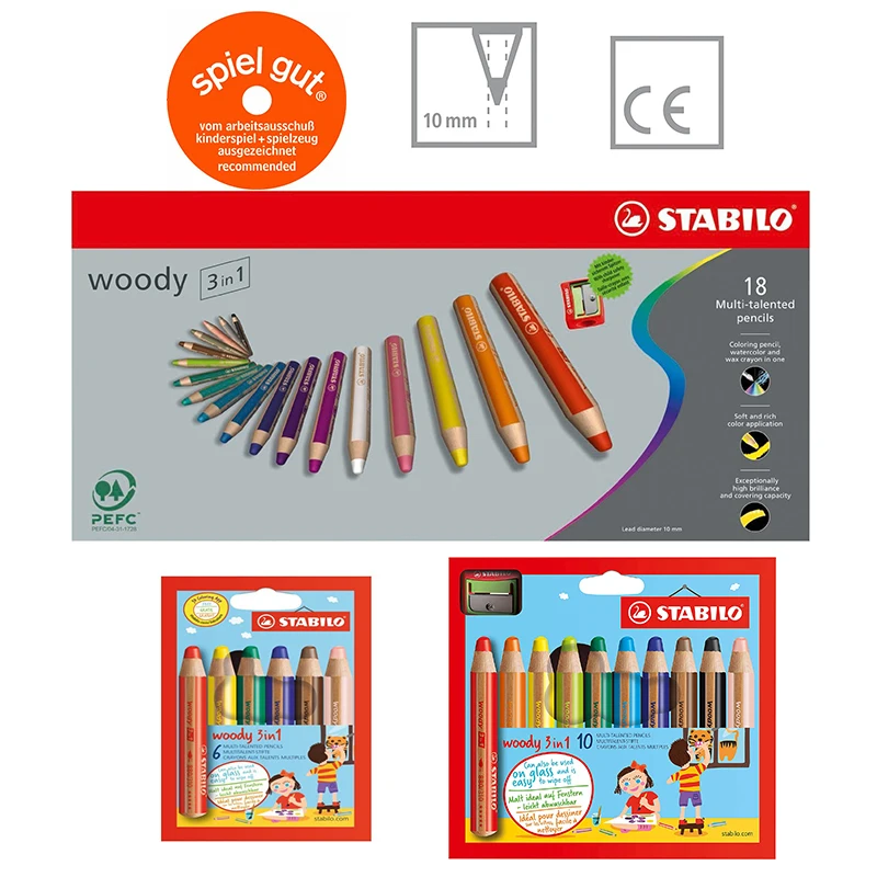 STABILO Woody 3 in 1 Multi-Talented Pencils with Sharpener 6/10/18 colores