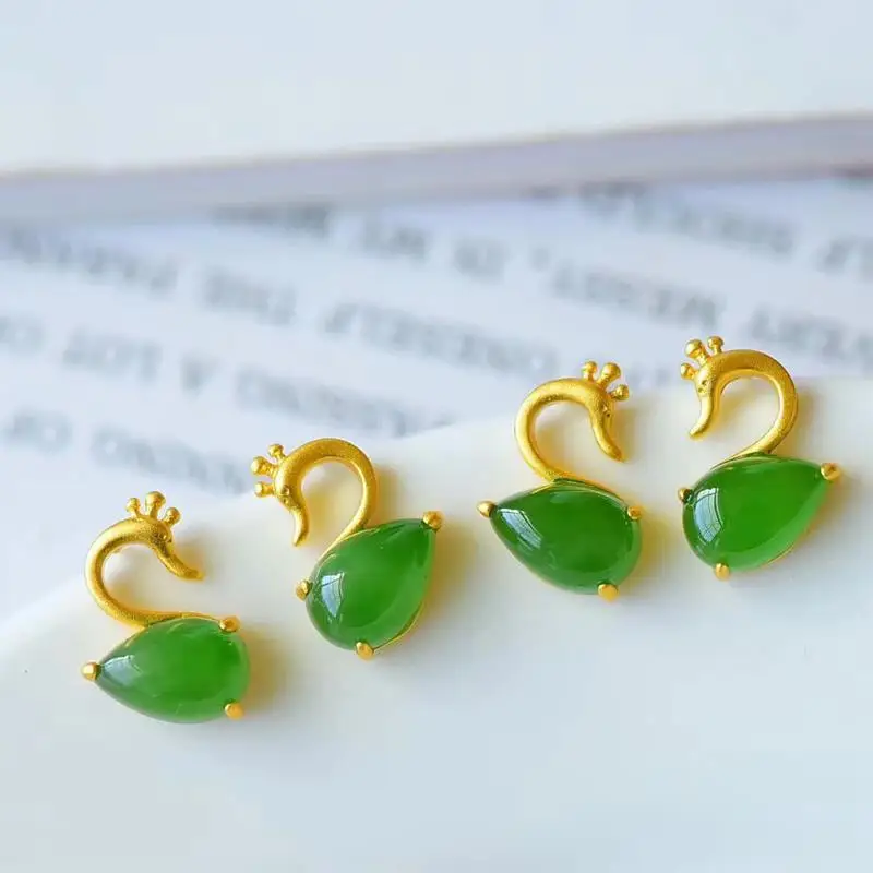 

Independent design ancient gold craftsmanship natural Hetian jade drop-shaped little swan earrings cute ladies silver jewelry