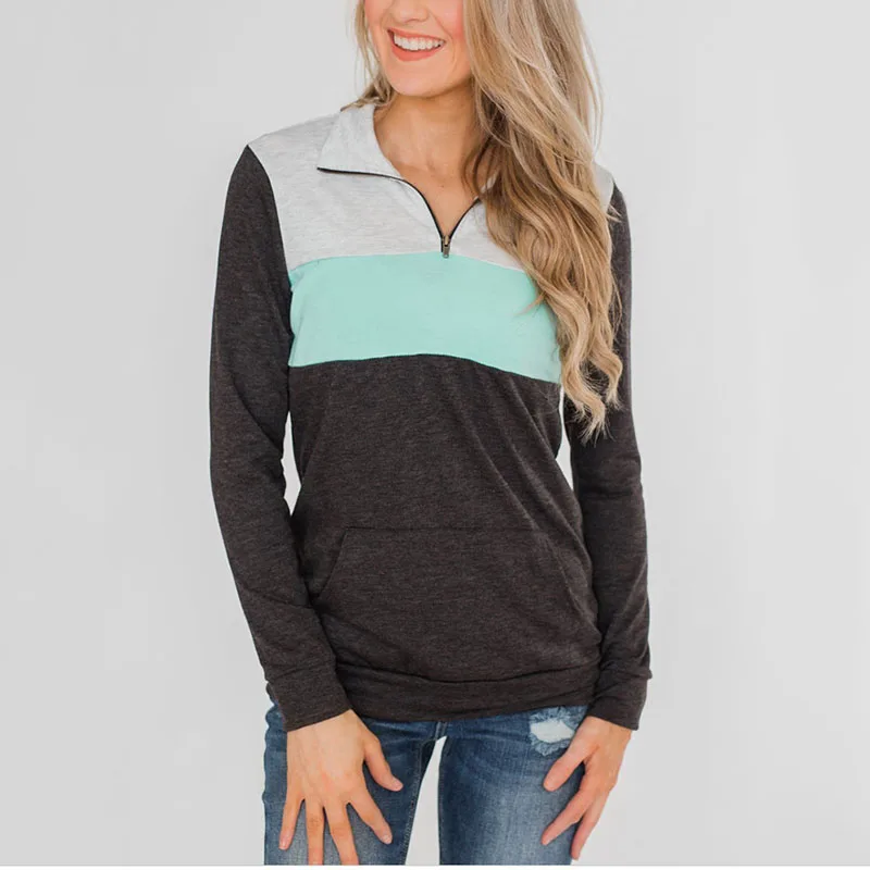 Контрастная Женская Осенняя повседневная толстовка на молнии с лацканами