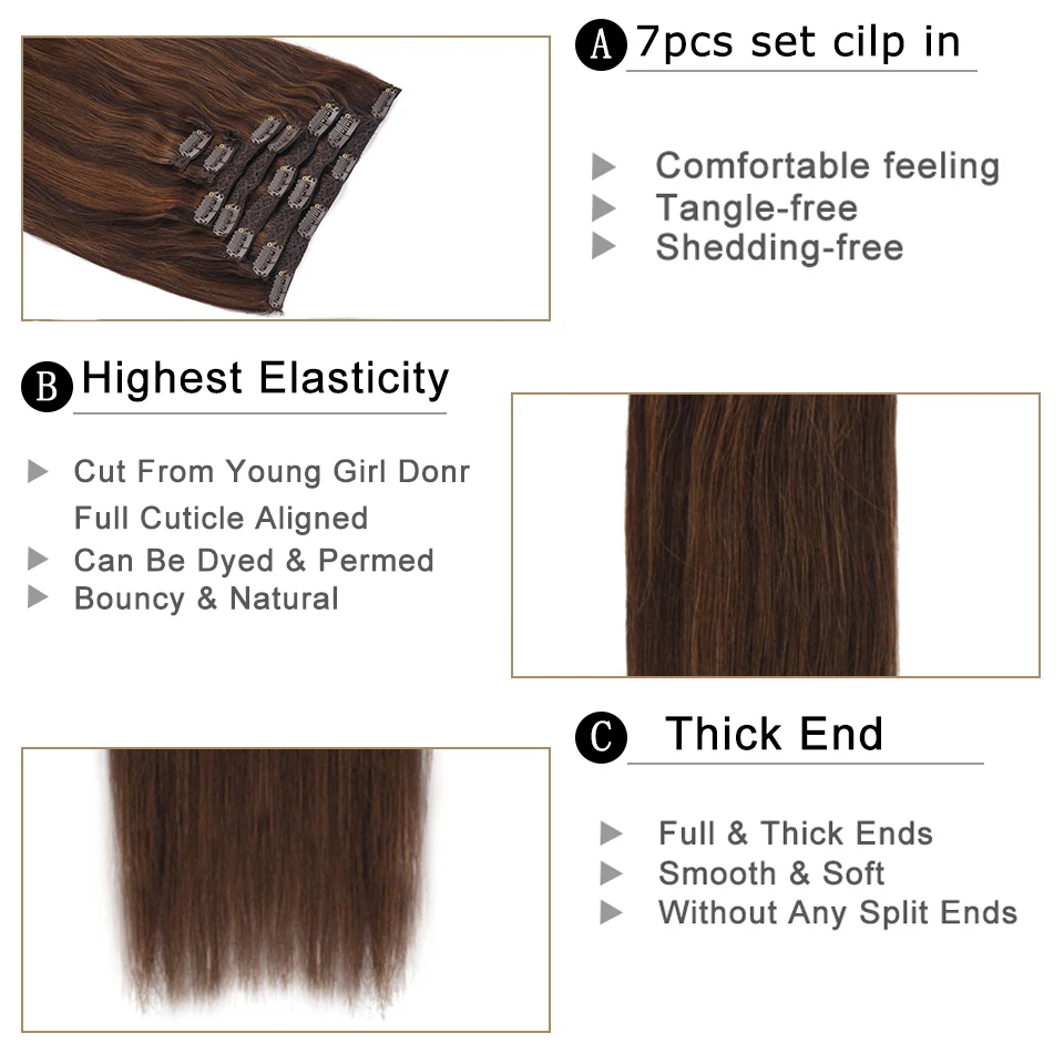 Extensiones de cabello humano con Clip Remy, color negro Natural a marrón claro, Rubio liso, 7 Uds., extensiones de cabello de 16 a 24 pulgadas