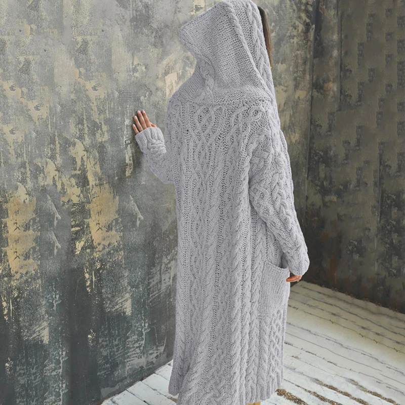 

Casual Knitted Long Outerwear with Hood and Side Pocket Women Autumn Winter Coat PR Sale