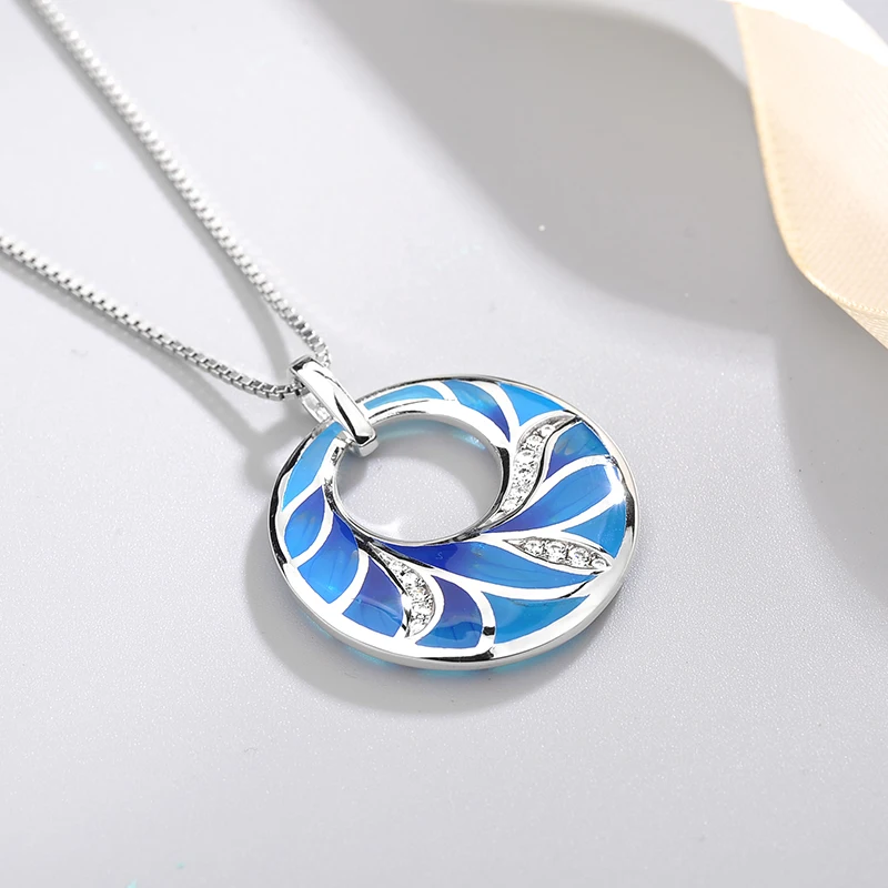 

Fashion DIY gift 925 Sterling Silver sparkling CZ exaggerated pattern blue white Enamel fine Necklace Pendant Party Jewelry