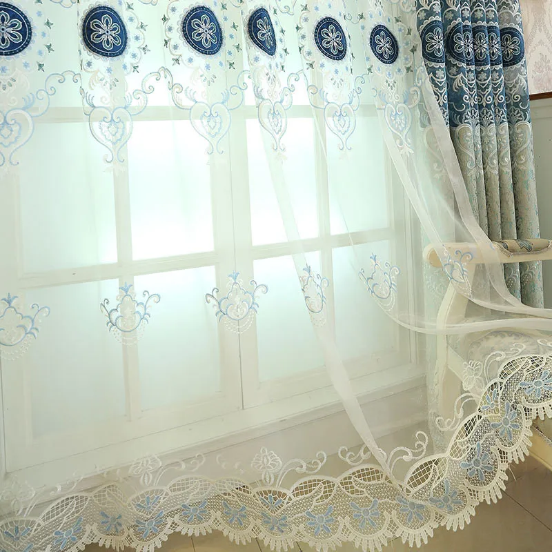 Европейские Роскошные занавески в виде синего кофе кухонные с вышивкой для
