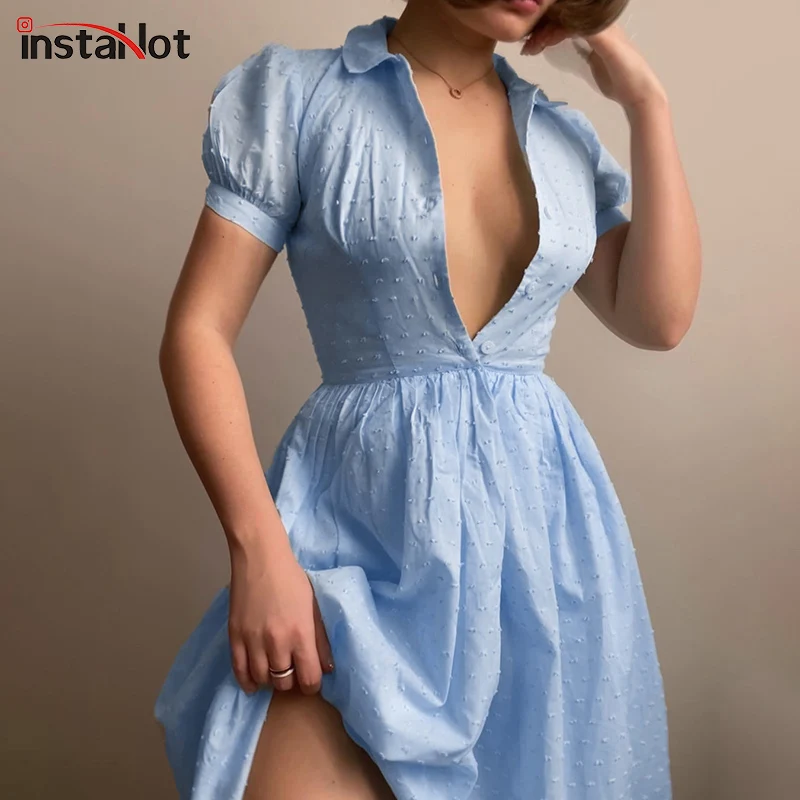 

InstaHot Vintage Dress 2021 Summer Puff Sleeve Button Sky Blue Sweet Pleated Female Midi Dress Casual Party Flax A Line Dresses