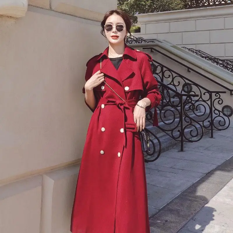Женский тренчкот с поясом длинное двубортное пальто в британском стиле ветровка