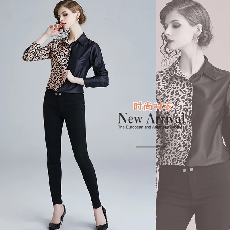 Женские блузки 2019 Модные леопардовые Лоскутные Длинные рукава отложной воротник