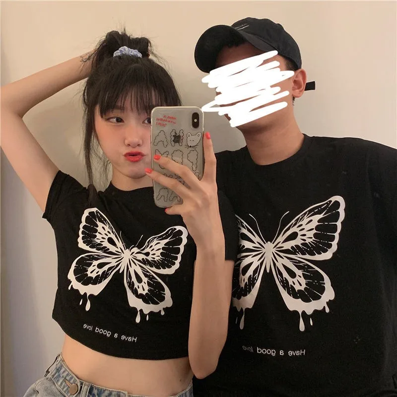 T-shirt 2020 summer new Korean loose short white cotton female couple dress high waist exposed navel print top women | Женская одежда