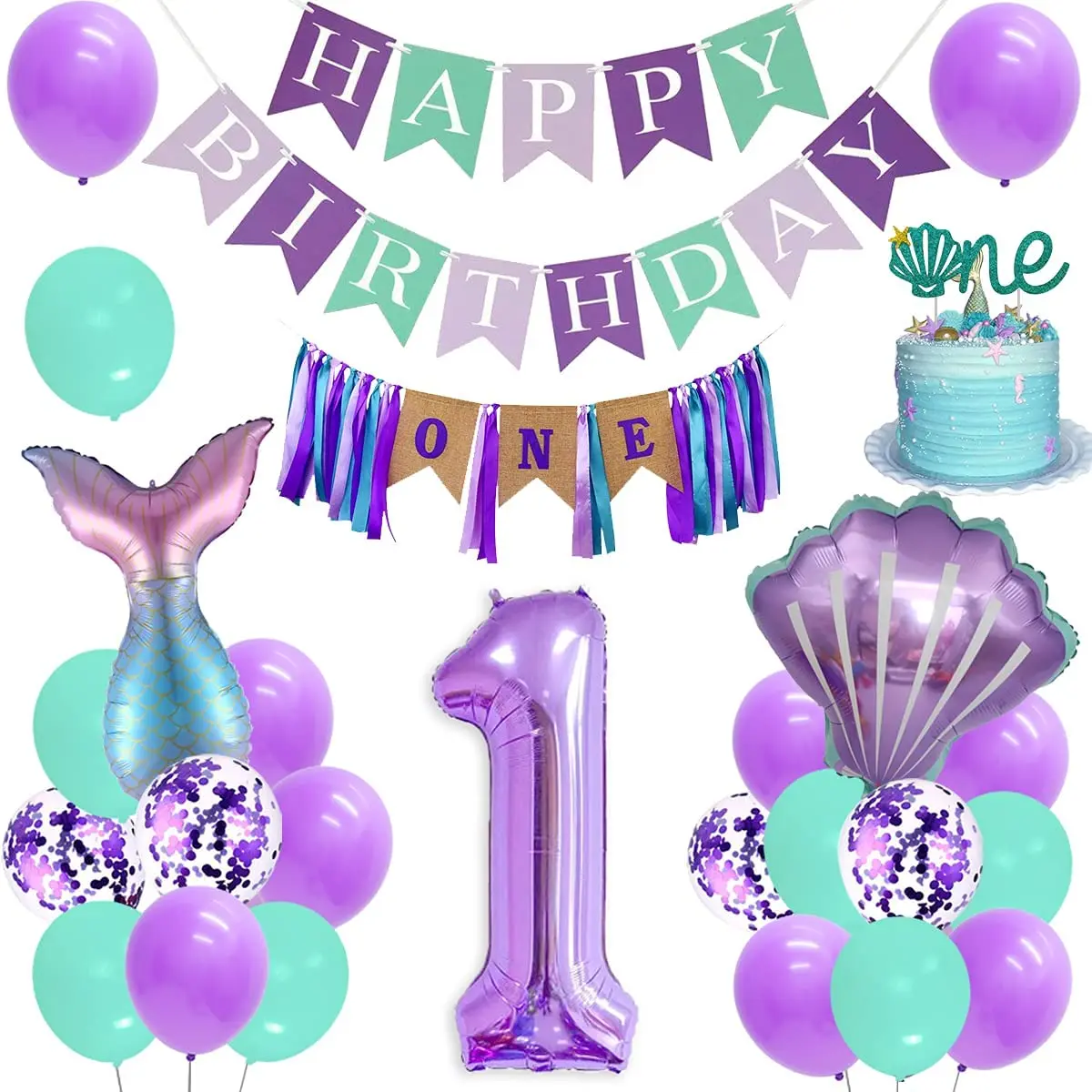 Decoraciones de primer cumplea&ntilde;os para ni&ntilde;a, globo de concha p&uacute;rpura y verde azulado, suministros para fiesta de primer cumplea&ntilde;os-0