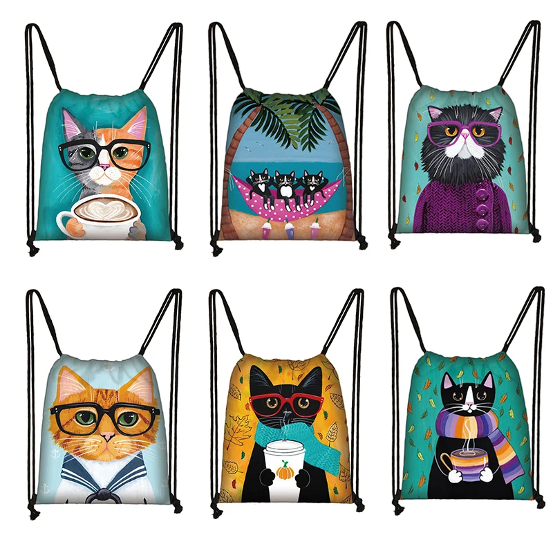 Сумка на шнурке с милым черным котом женский рюкзак мягкой спинкой женская сумка
