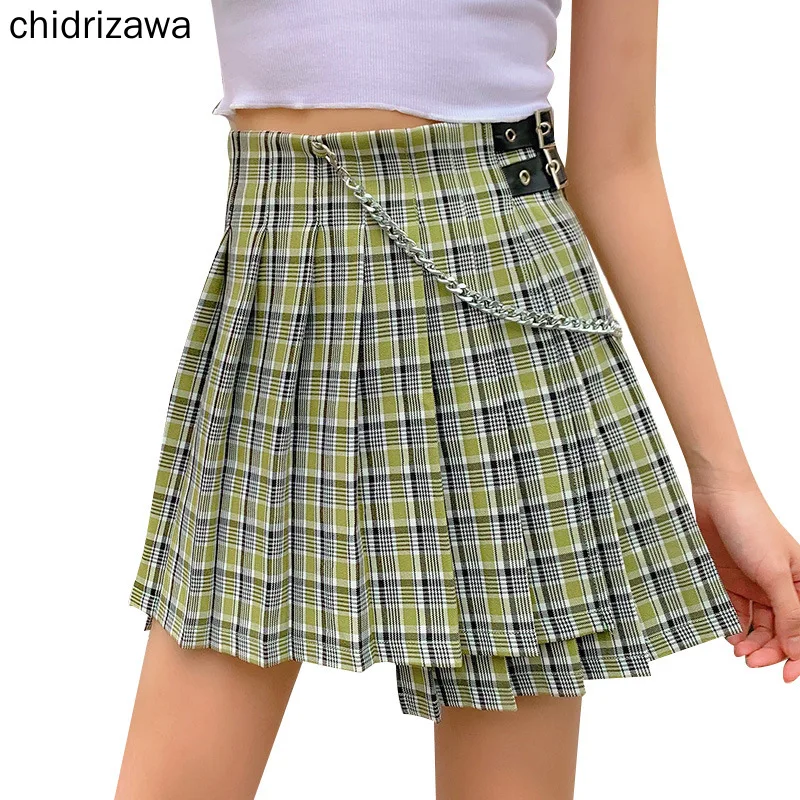 Женская плиссированная юбка Готическая с высокой талией цепочкой и пряжкой на