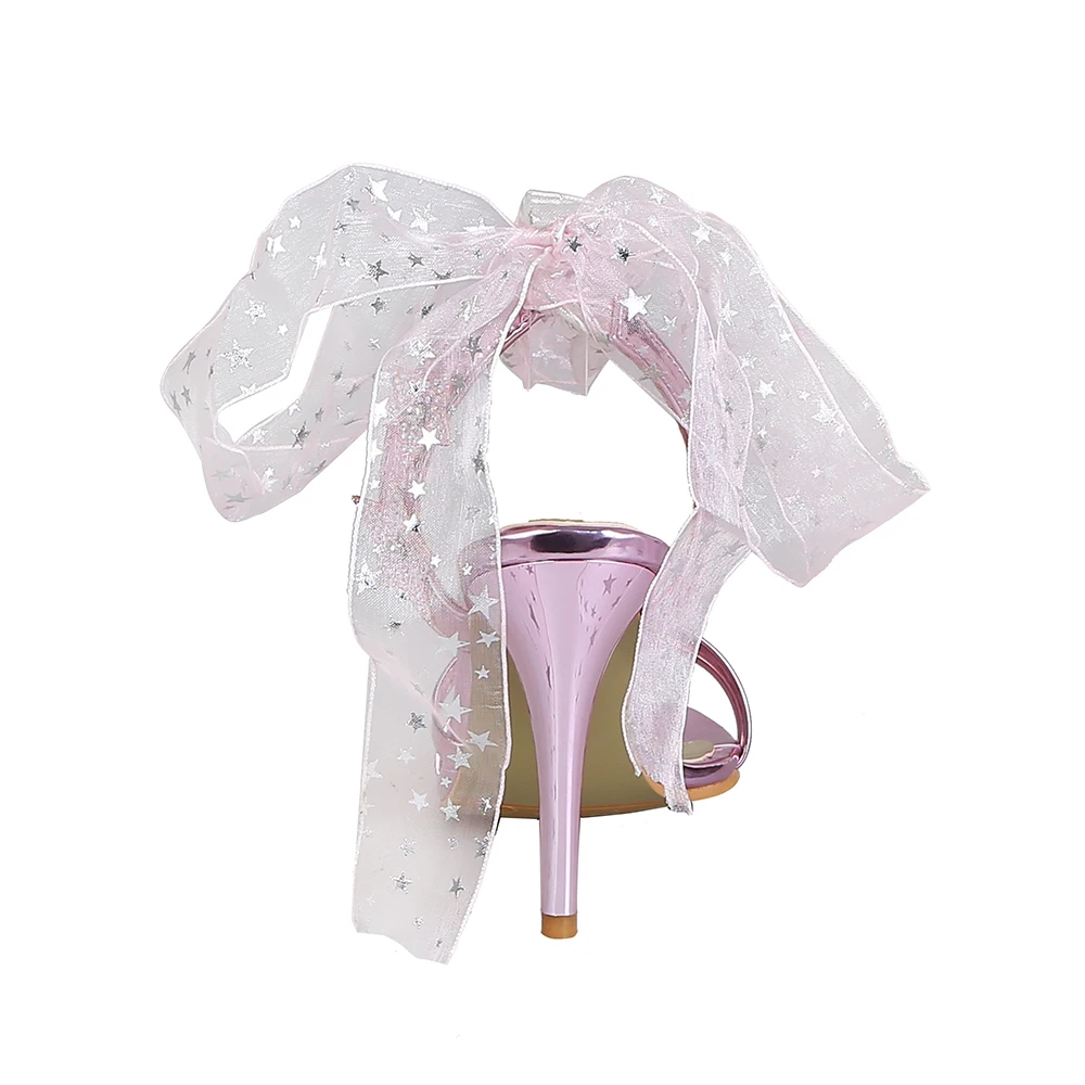 Женские босоножки на шнуровке серебристые/золотистые вечерние высоком каблуке