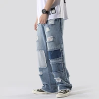 new fashion patch embroidery hole ripped men hip hop jeans trousers oversize straight beggar denim pants punk goth ropa hombre
