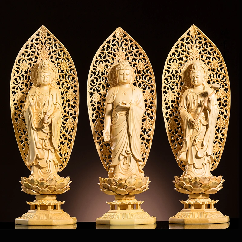 29 см три Будды статуя резьба по дереву сплошное домашнее украшение ремесло фэн