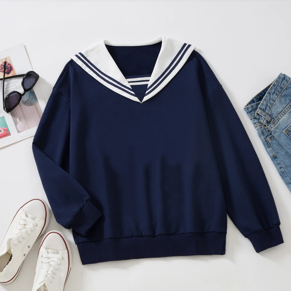 Kawaii Hoodie Cotton Soft Girl Sailor Collar Sweatshirt Japan Style Long Sleeve Cute Tops for Teens Aesthetic School JK Navy