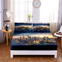 city night scene 3pc polyester solid fitted sheet mattress cover four corners with elastic band bed sheet2 pillowcases