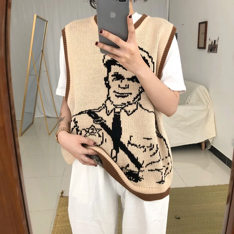 Vintage Cartoon Printed Knitted Sweater Vest Casual Sleeveless Loose Pullover Tank Tops Female Oversized Pullovers Femme