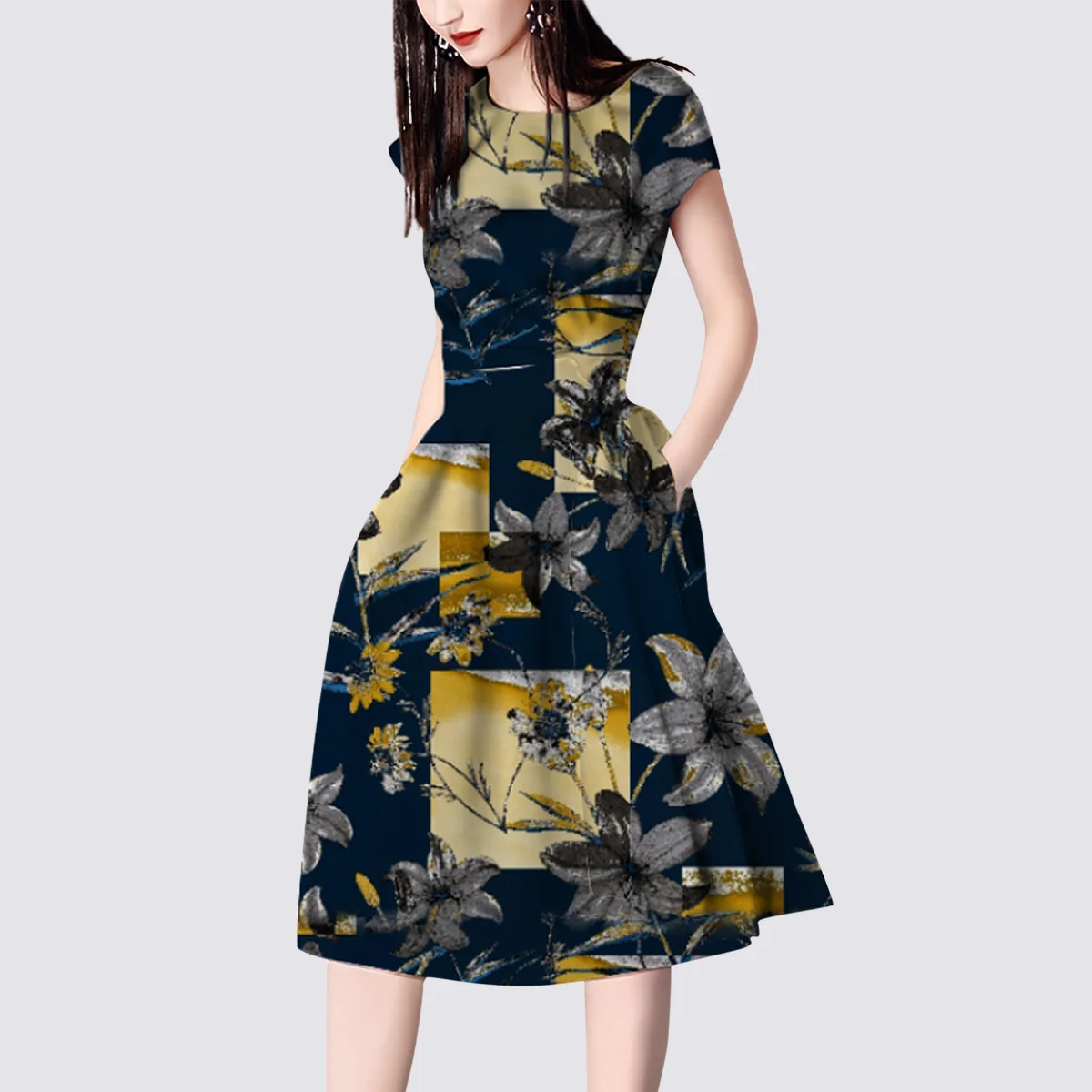 

Designed temperament round neck short-sleeved dress 2021 summer new style mid-waist slim slim A-line skirt