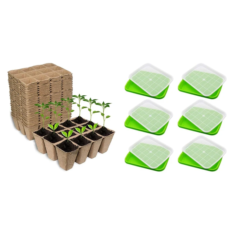 

6PCS Tray Seed Germination Tray Wheat Grass Cat Grass Seeding Planting Storage Tray With 24PCS Seed Inlet Peat Pot