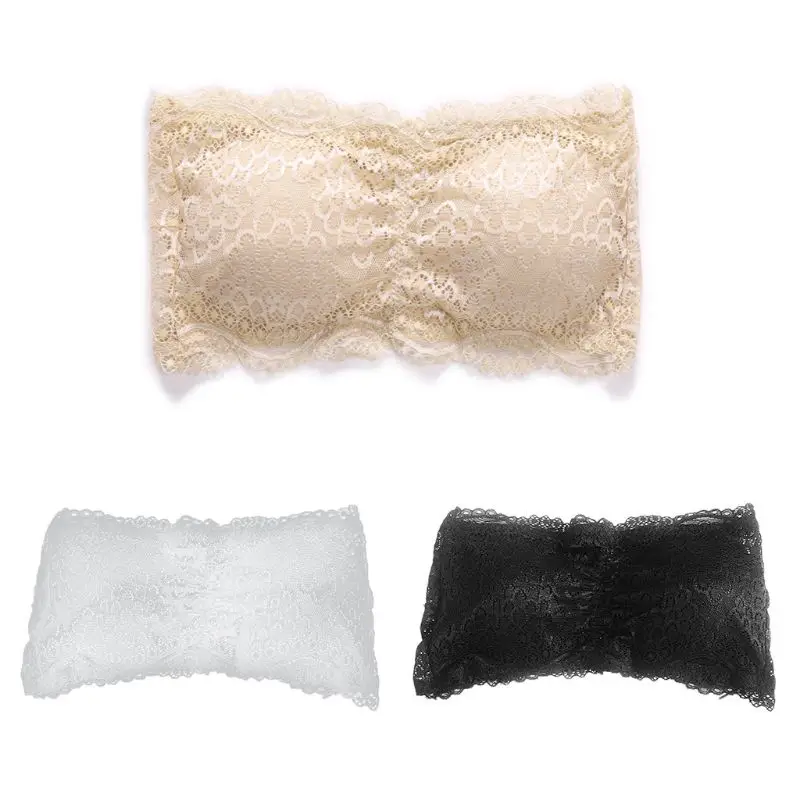 Womens Floral Lace Seamless Bandeau Wire Free 4-Hook Bralette Strapless Tube Top X3UE