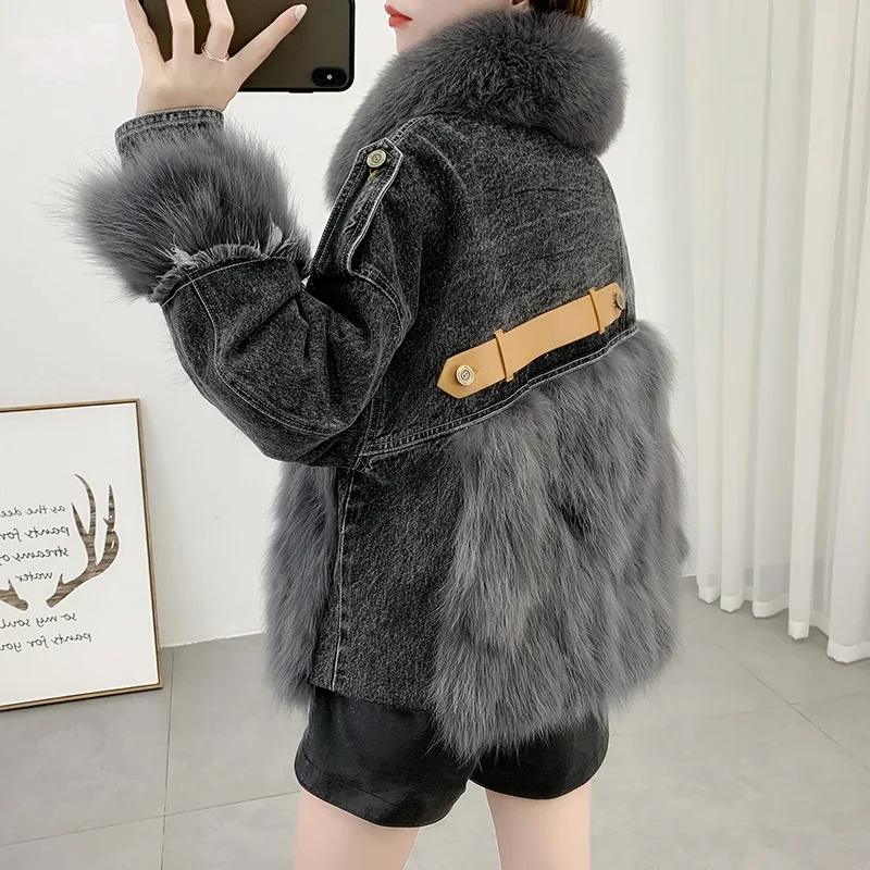 High Quality Winter Women Denim Jacket with Fur Parka Real Fox Fur Coat Style Real Fur Coat 100% Natural Jacket Female 2021 New