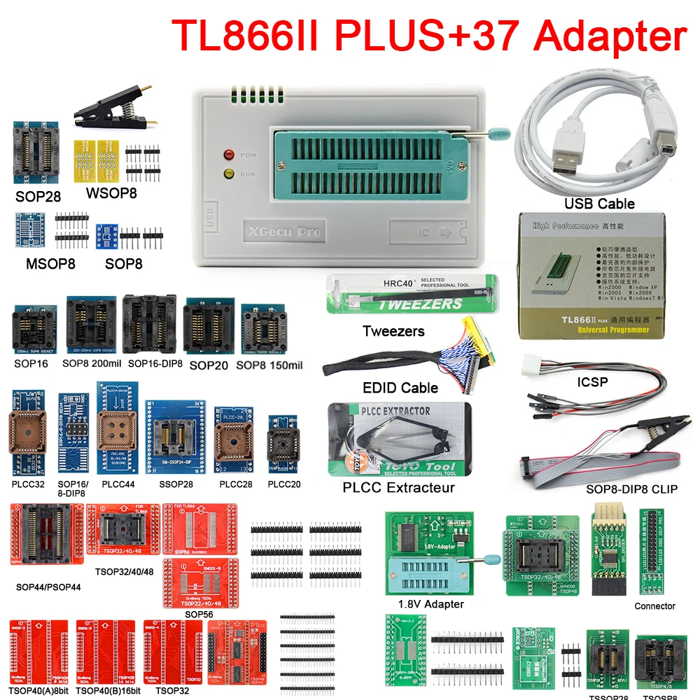 2021 новейший V10.8 TL866II Plus универсальный программатор nand flash AVR PIC Bios USB с 37 шт.