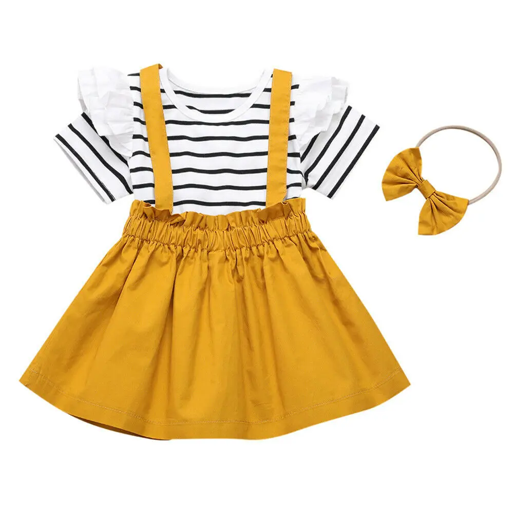 

2020 летняя одежда для маленьких девочек, топ в полоску с оборками, футболка, повязка на голову, наряды, хлопковая одежда