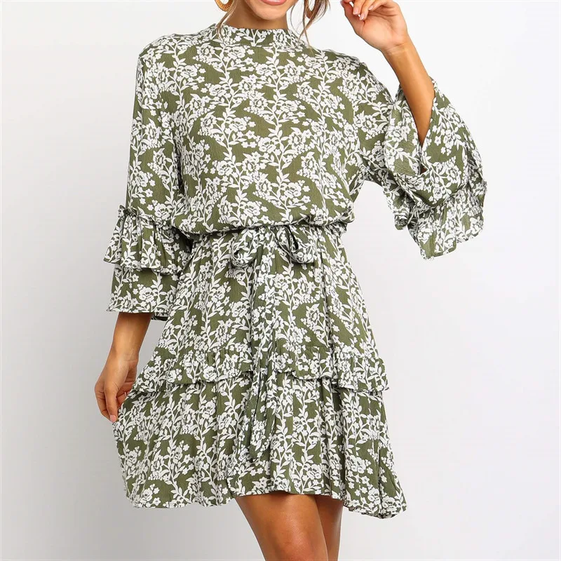 

3/4 Sleeve Floral Print Ruffles Dress Women Stand Collar Sashes Beach Casual Dress Summer Boho Chiffon Mini Dresses Vestidos