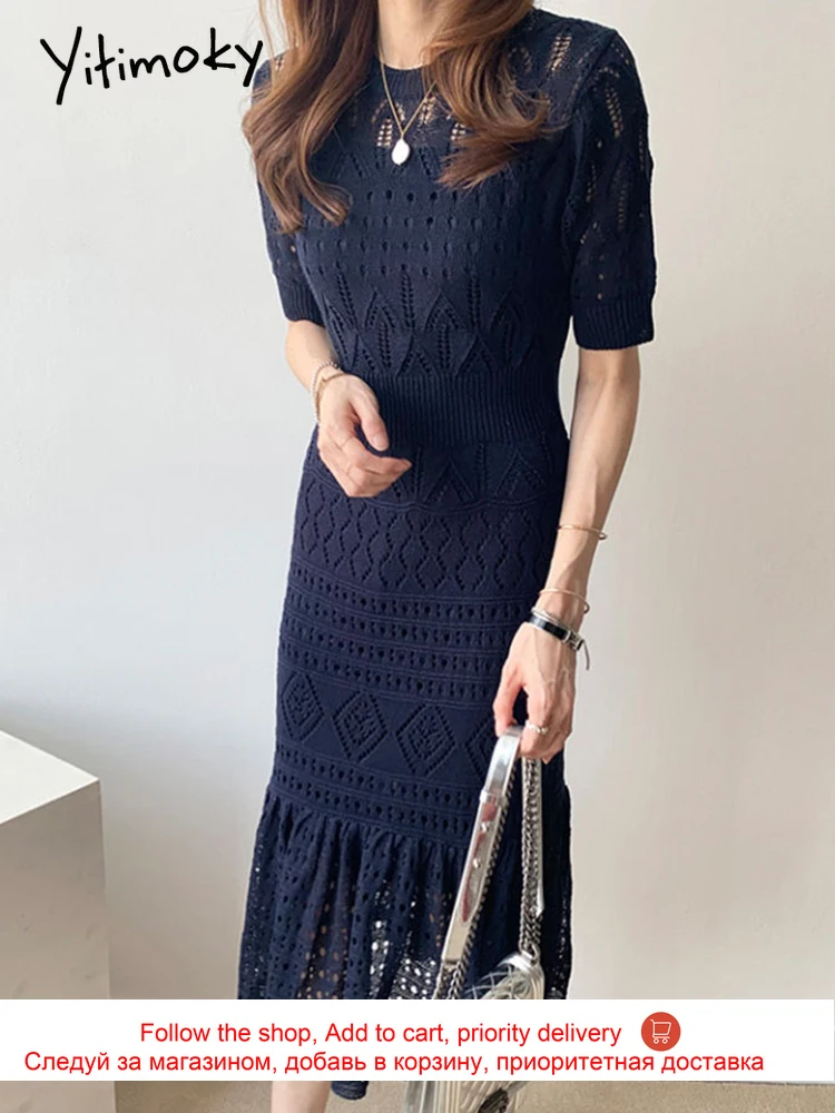 

Yitimoky Trumpet Mermaid Dresses Women Knitting White Dress Hollow Out High Waist O-Neck Summer 2021 Office Lady New Fashion