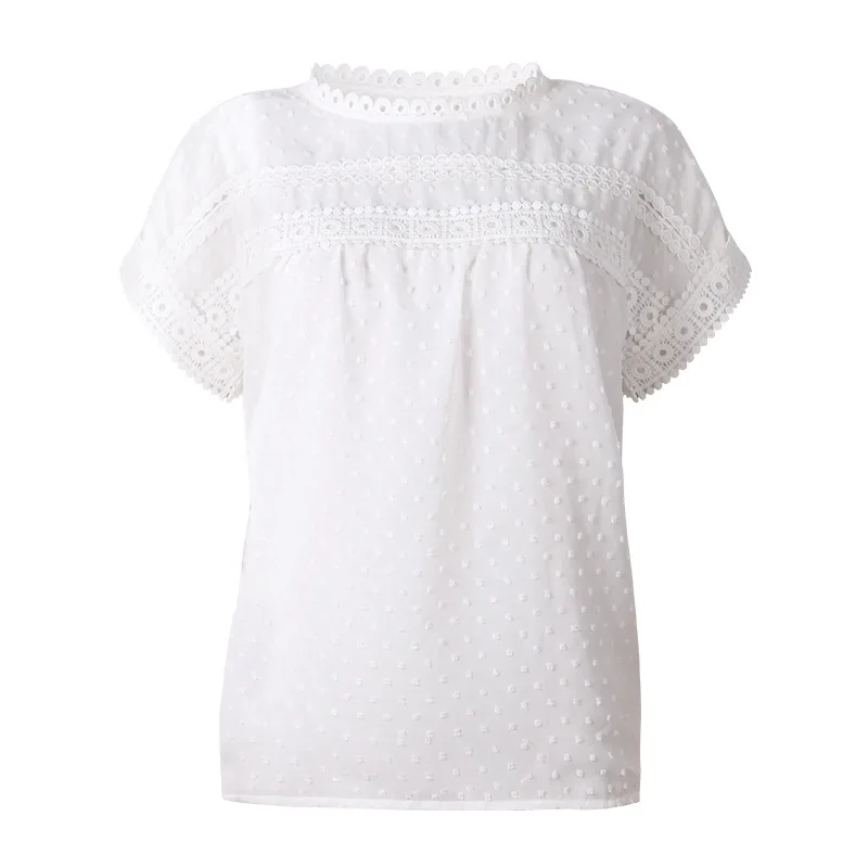 

2021 Popular Round Neck Lace Crochet Short Sleeve Casual Shirt Top White Black Pink T-Shirt