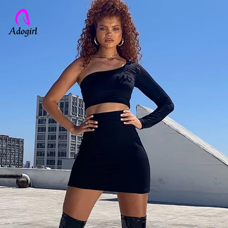 Черный комплект из двух предметов Харадзюку на одно плечо женский сексуальный