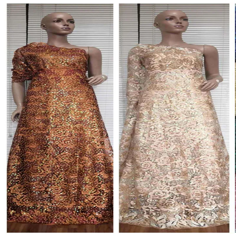 

Orange New Designs white African Lace Fabric High Quality Lace Material French Embroidered Tulle Lace Fabric 2020 With Sequins