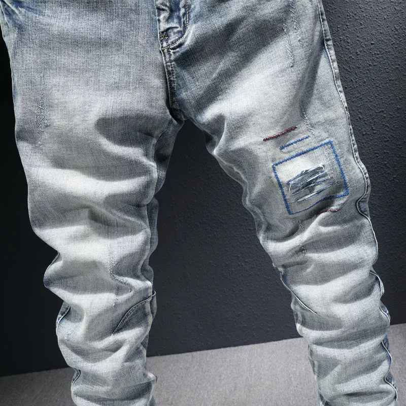 European Vintage Fashion Men Jeans Retro Light Gray Blue Elastic Slim Ripped Jeans Men Embroidery Designer Denim Pencil Pants