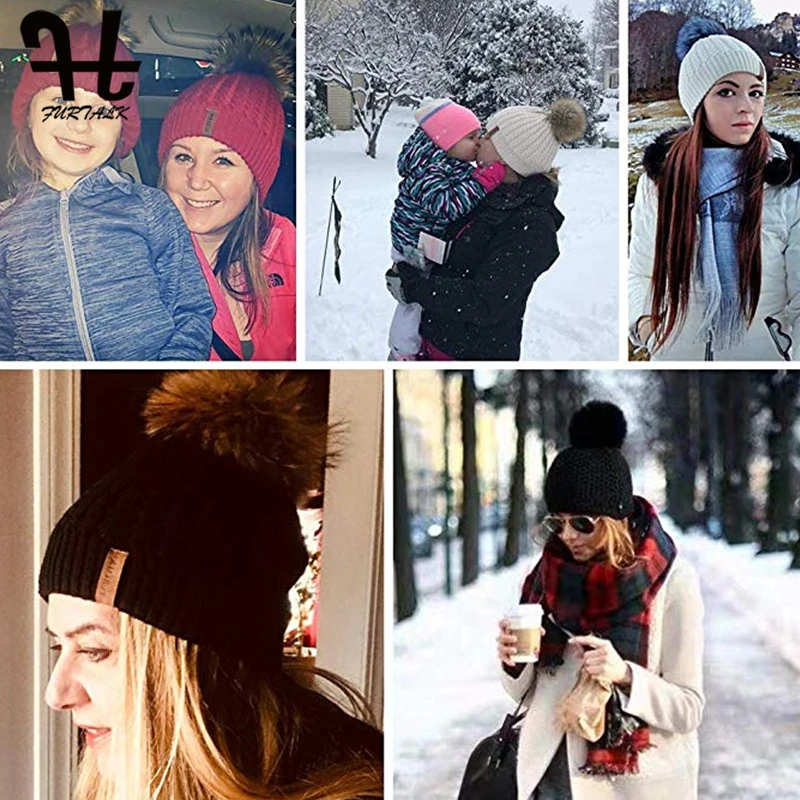 Женская двухслойная вязаная шапка FURTAIK зимняя теплая с помпоном Красная