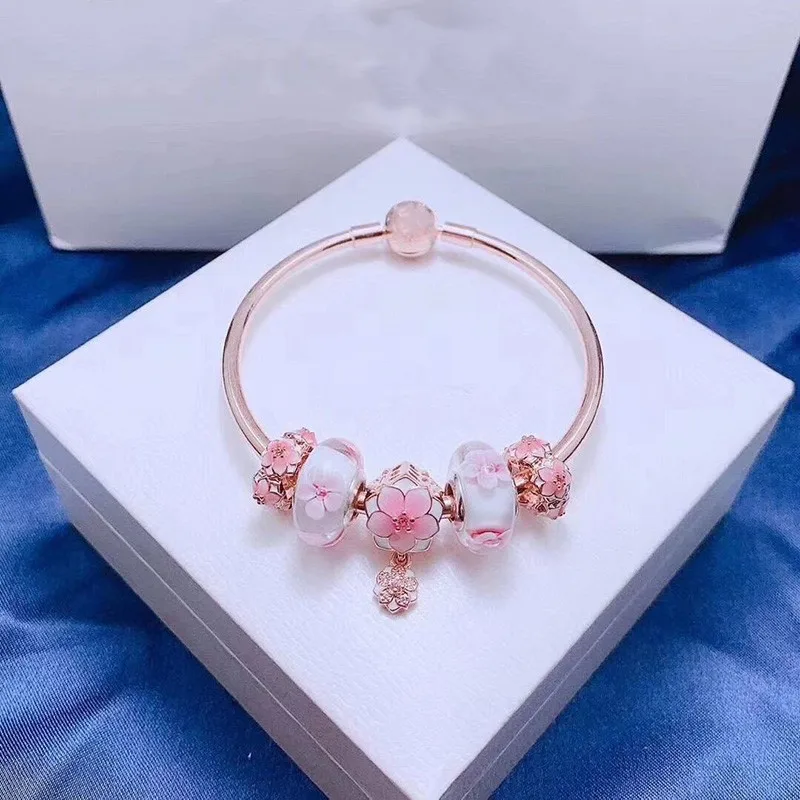 

925 Sterling Silver Exquisite Peach Blossom Series With Rose Gold Round Button Bracelet Fit Original Pan Charm Diy Jewelry