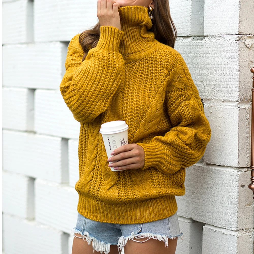 

2021 Autumn Winter Women Turtleneck Sweaters Elegant Loose Oversized Warm Knitted Pullovers Fashion Solid Twist Knit Jumper Tops