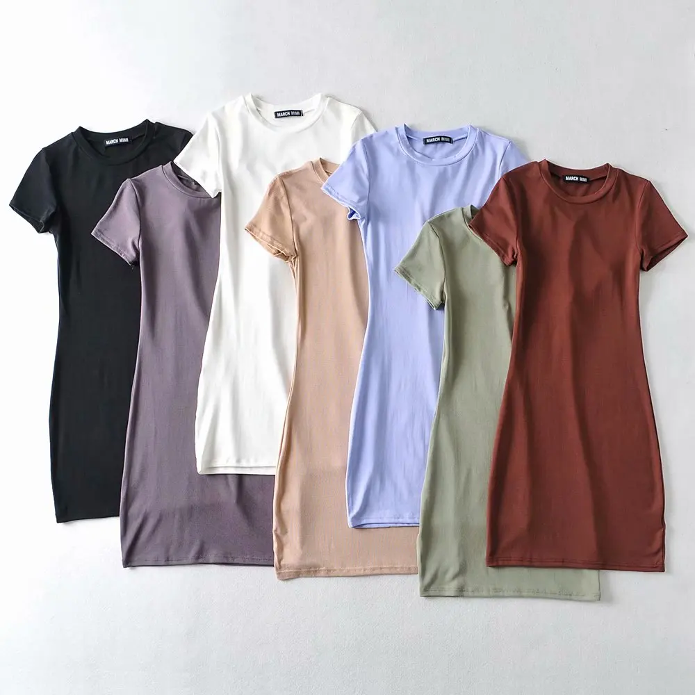 

Dress 2021 Sexy Summer women mini blue dress Women Casual Round Neck Short Sleeve Solid Color clothes