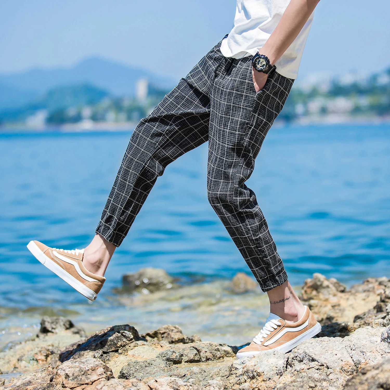 Мужские повседневные облегающие брюки удобные клетчатые Гарун с эластичной