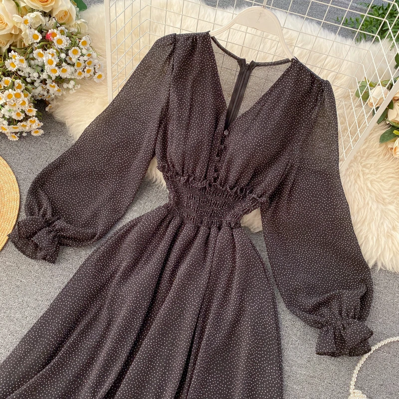 Летнее женское платье в горошек сексуальное с v-образным вырезом и пышными