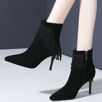 rhinestones fringe wedding shoes women genuine leather slim high heels party pumps shoes female high top pointed toe ankle boots