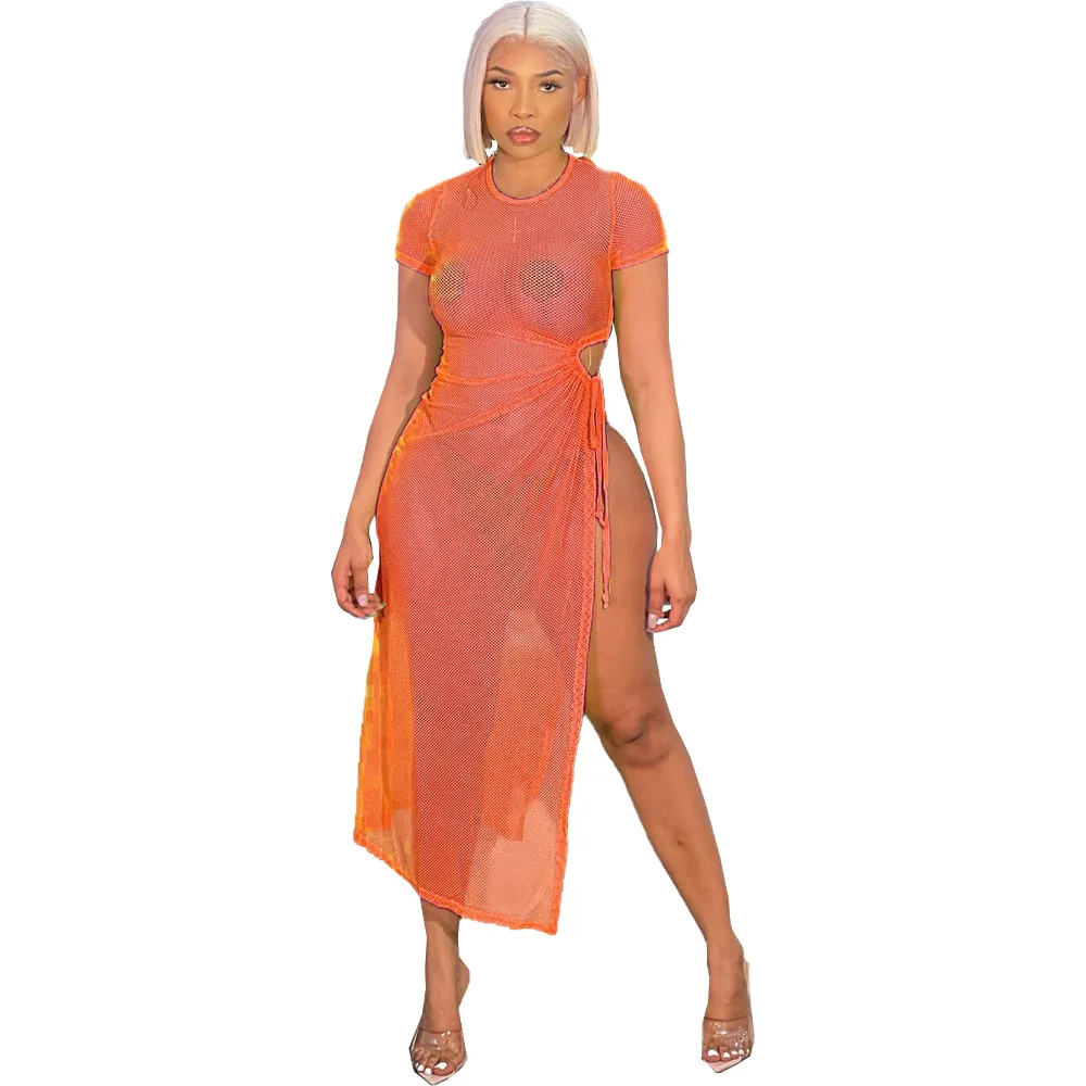 

See-through Mesh Summer Cover Ups Women Female Solid Color Swimsuits Beach Swimwear Bathing Split Bandage Bikini Dress Cover Up