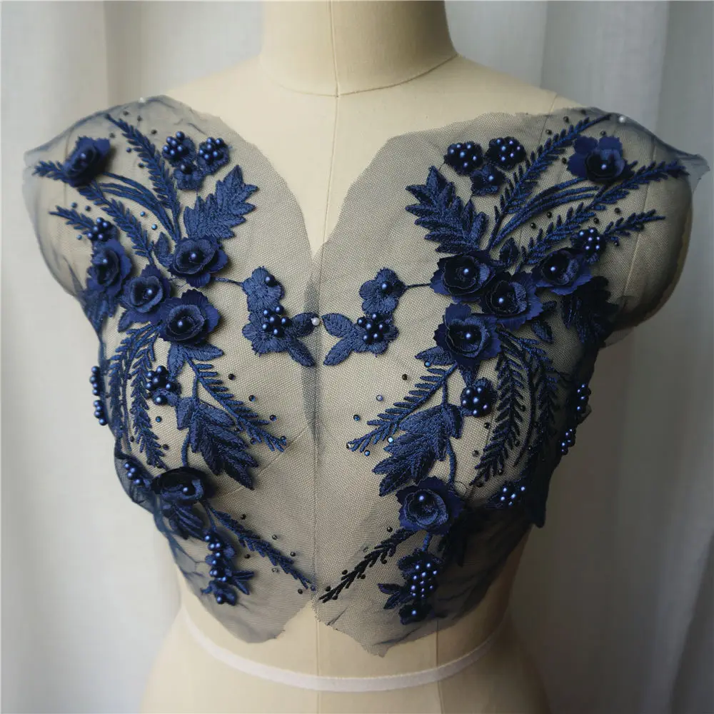 2 шт. темно-синяя кружевная ткань 3D цветок Кисточки бусины Стразы вышитая