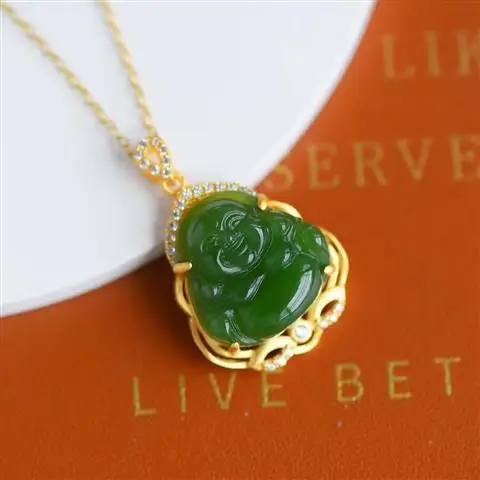 

Natural Hetian Jade Maitreya Smiling Buddha Pendant S925 Sterling Silver Inlaid Spinach Green Jasper Buddha Jade Pendant Ornamen