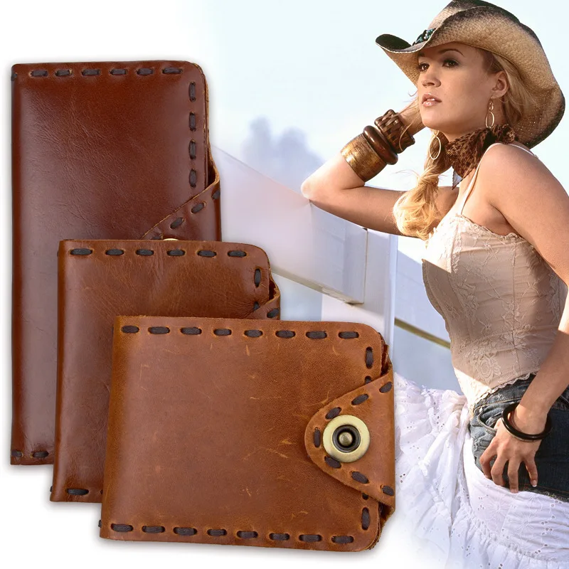 

Бумажники из натуральной кожи для мужчин и женщин, винтажные ковбойские складные кошельки ручной работы двойного сложения с окошком для удостоверения личности, кредитницей и RFID